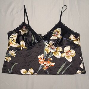 Coquette Floral Satin Camisole Women Medium Black Lace Trim Adjustable Straps